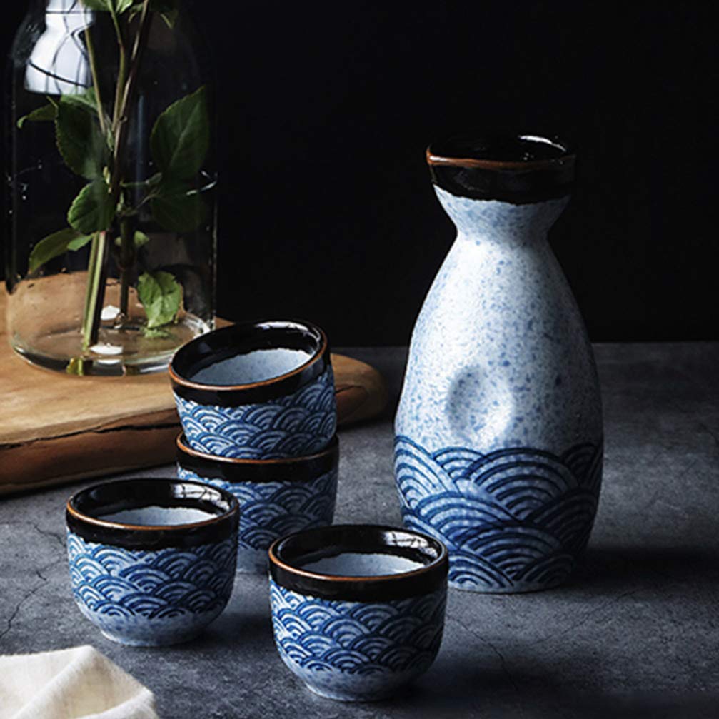Housoutil Service De Tasses À Saké en Céramique Japonaise 4 Tasses 20 ML Et 1 Pot 180 ML Design Ondes pour Réceptions Familiales Et Décoration Intérieure