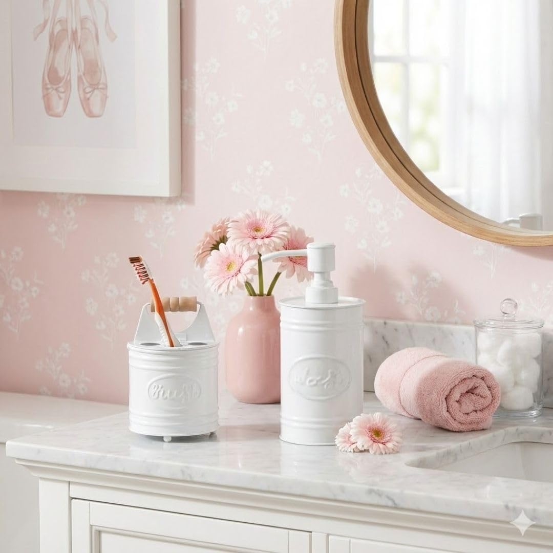 Autumn Alley Juego de accesorios de baño blancos de granja, dispensador de jabón de baño y soporte para cepillos de dientes, accesorios de baño modernos de granja, decoración de granja para encimera