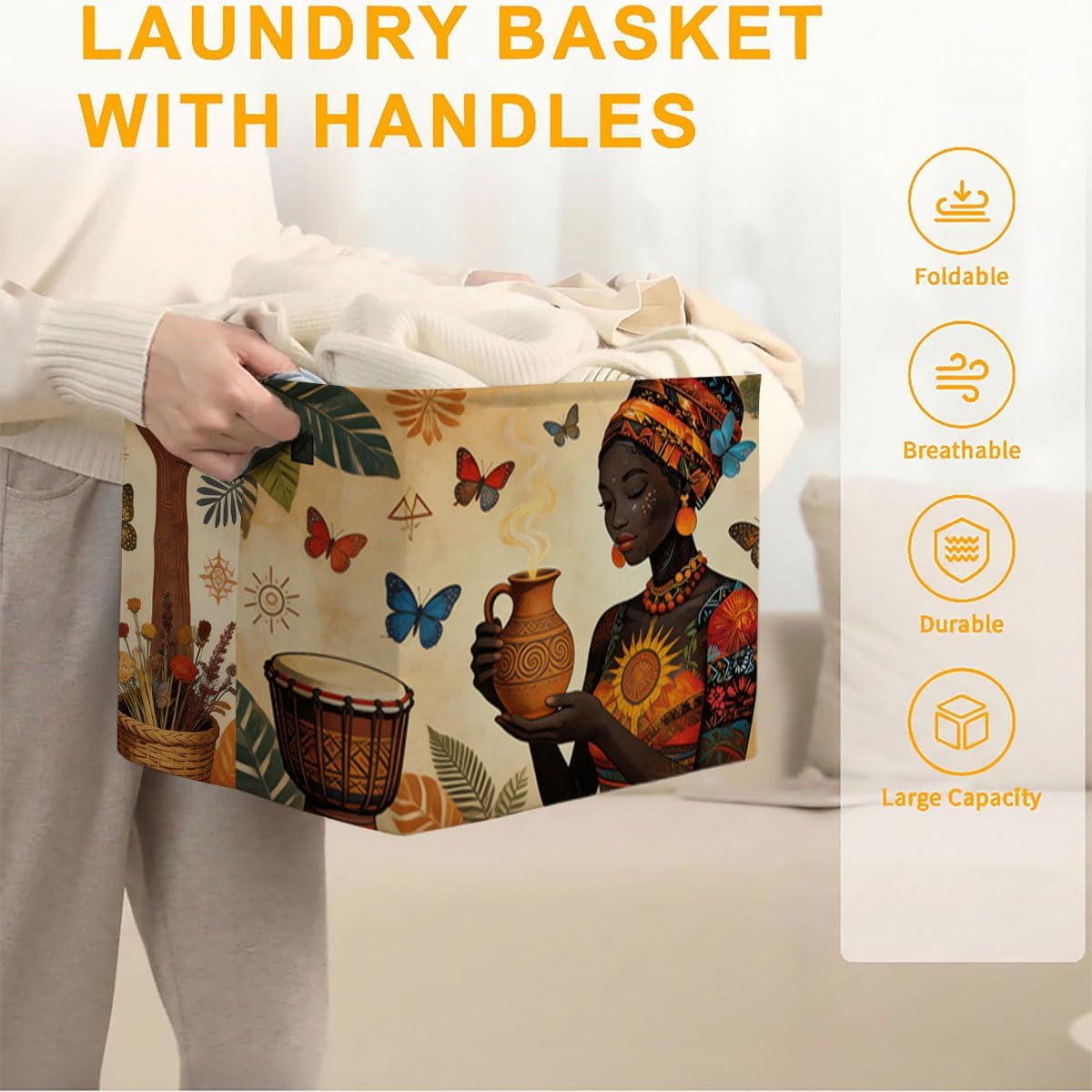 African Woman Laundry Hamper with Handles 56L Foldable Square Clothes Basket,Large Multi‑Use Blanket Storage Bins for Organizing Books,Toys,Gifts,Room Decoration,Dorm Nursery image 3