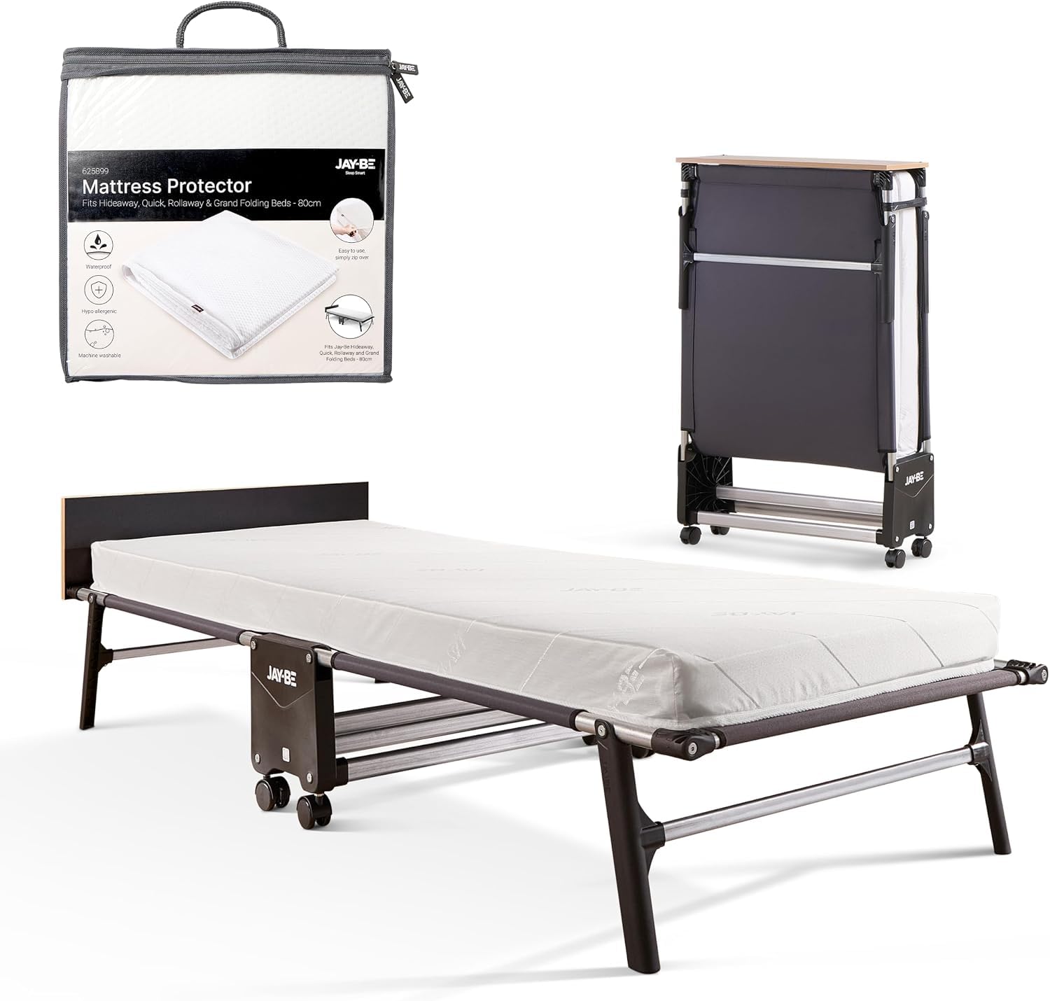 JAY-BE Rollaway Folding Bed, Comfort Mattress & Mattress Protector, Single