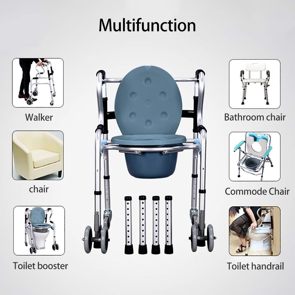 Cesta para Andador para Ancianos, Silla con Inodoro con Ruedas Multifuncional para Ancianos Cesta para Andador para Ancianos Cesta Plegable 8 Ajustes de Altura con Freno para Cada