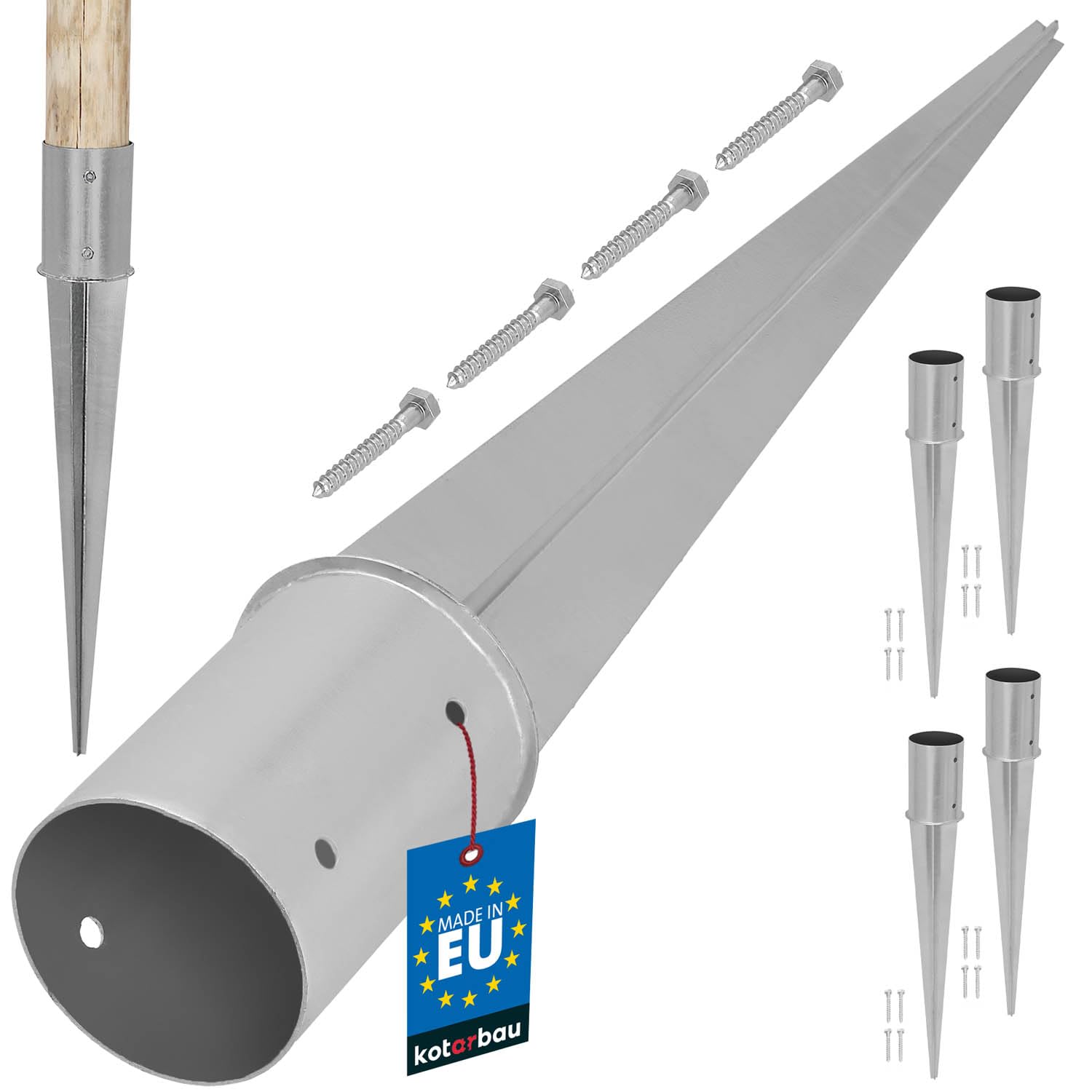 KOTARBAU® Lot de 4 Support Poteau Bois - ⌀ 100 mm - Support Poteau à Enfoncer - Acier Galvanisé - Argent - Pour Poteaux Bois Rond - Résistant à La Corrosion