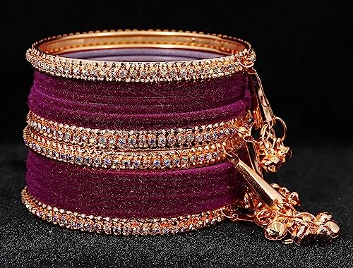 Image of NMII Metal with Zircon Gemstone and Velvet Studded Bells Latkan Bangles Set For Girls and Women I Latkan Bangles, Premium Bangle Bracelet Set I Pack of 16 Bangles