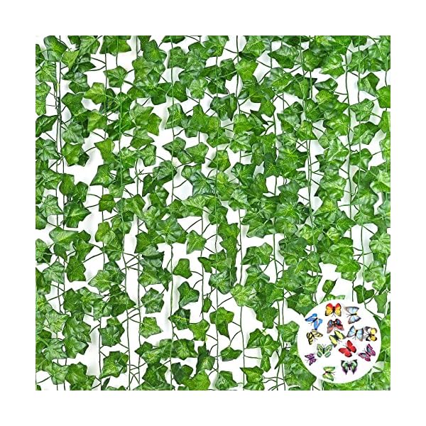 Fascidorm 35Ft Fake Vines for Bedroom with 12 Pcs 3D Butterflies, 5 Pcs Fake Ivy Vines for Room Decor with Fake Leaves, Artificial Greenery Ivy Garland for Wall Decor, Hanging Green Plant