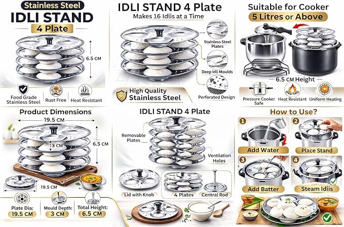 Image of Stainless Steel Idli Maker with 4 Plates - Makes 16 Soft Idlis at Once - Rust-Proof Idli Stand for 5 Litre Pressure Cooker and Above - Easy to Clean & Durable Kitchen Cookware