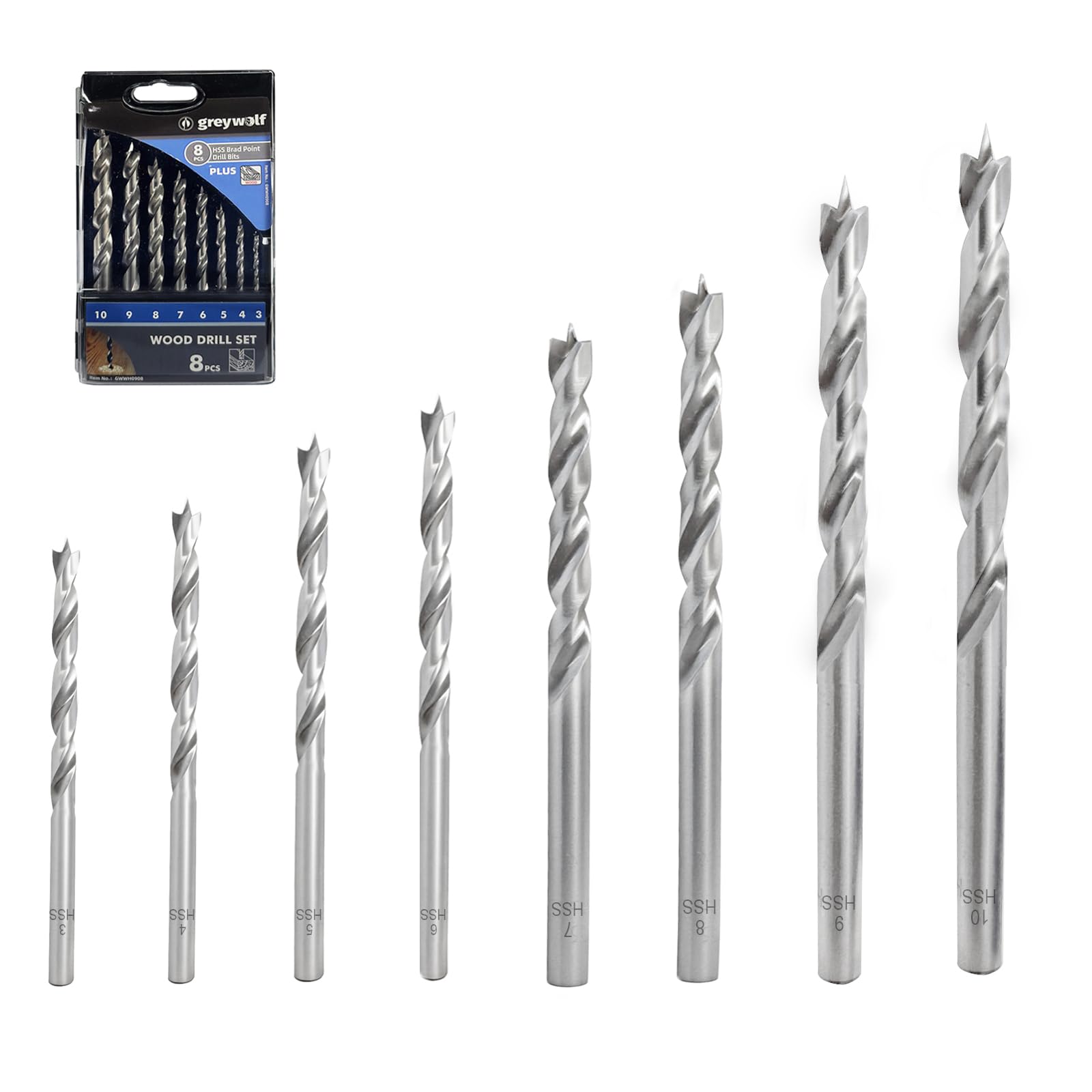 Set di 8 punte per legno Brad Point, set di punte elicoidali HSS per la lavorazione del legno, design a doppia fessura, scatola robusta con indice, per lavoratori del legno e fai da te (3mm-10mm)