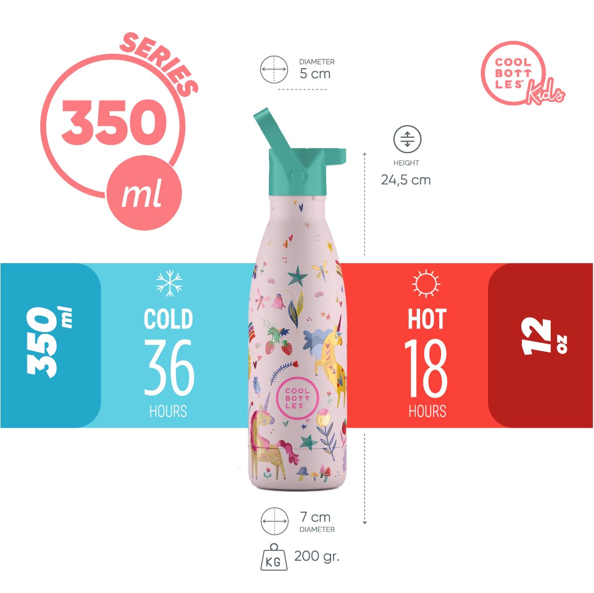 Botella Térmica Niños - 350 ml - Funny Unicorns - Botella de Agua de Acero Inoxidable - Bebidas Fías 36 Horas y Calientes 18 Horas - Acabado con Pintura en Relieve - Sin BPA - Cool Bottles