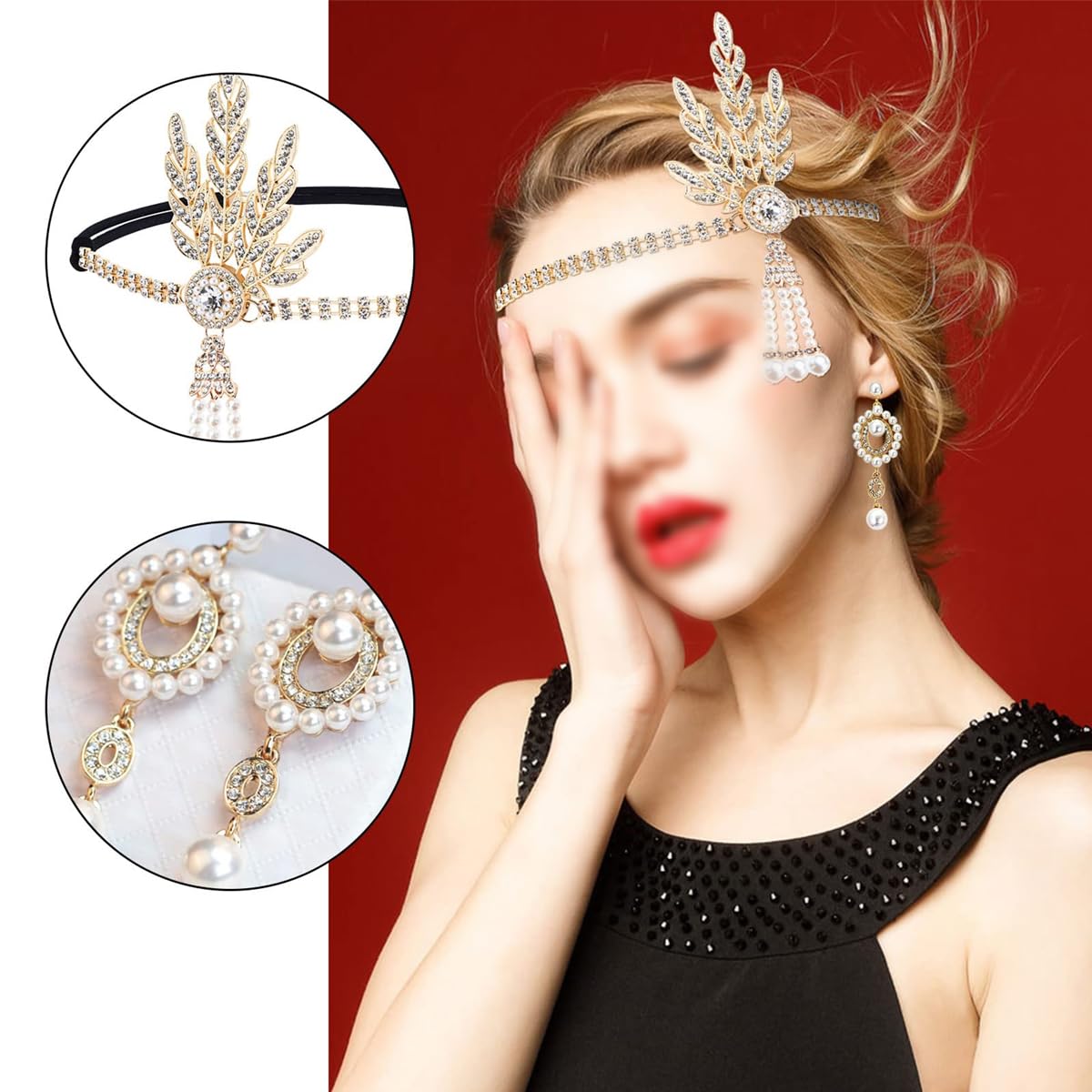 Alide 1 set 1920s Flapper Accessories Set for Women Great Gatsby Costume Kit with Feather Headband, Pearl Necklace, Gloves - Image 4