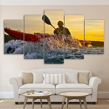Amazon 現代のhdプリントポスターモジュラー絵画キャンバス壁アート写真5パネルカヌースポーツサンセットリビングルームの家の装飾 フレーム付き ウォールステッカー オンライン通販