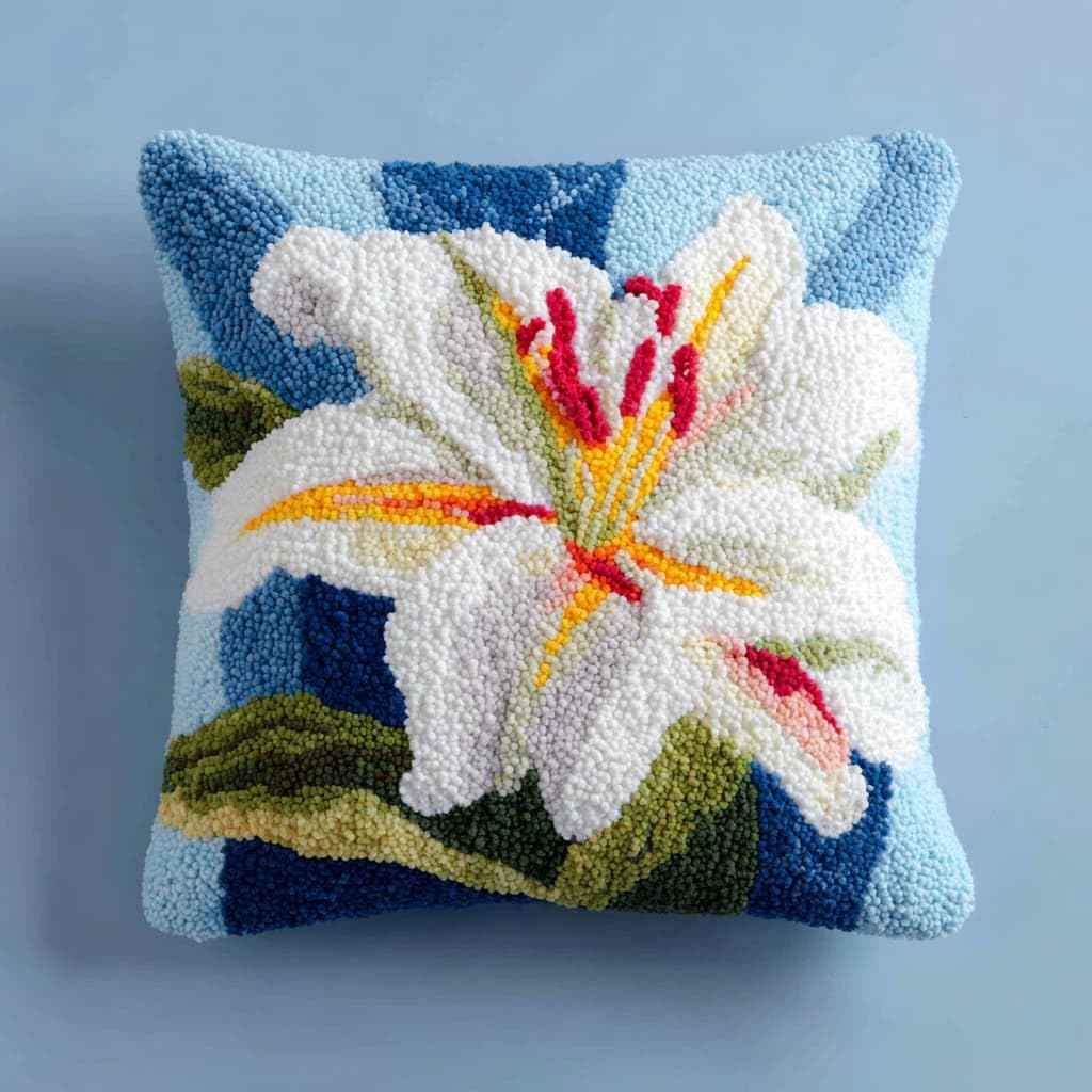 Taxpy Latch Hook Pillow Case Embroidery Kits, Lily Flowers DIY Needlework Latch Hook Cushion Cover Kits,Sofa Cushion Cover,17x17inch