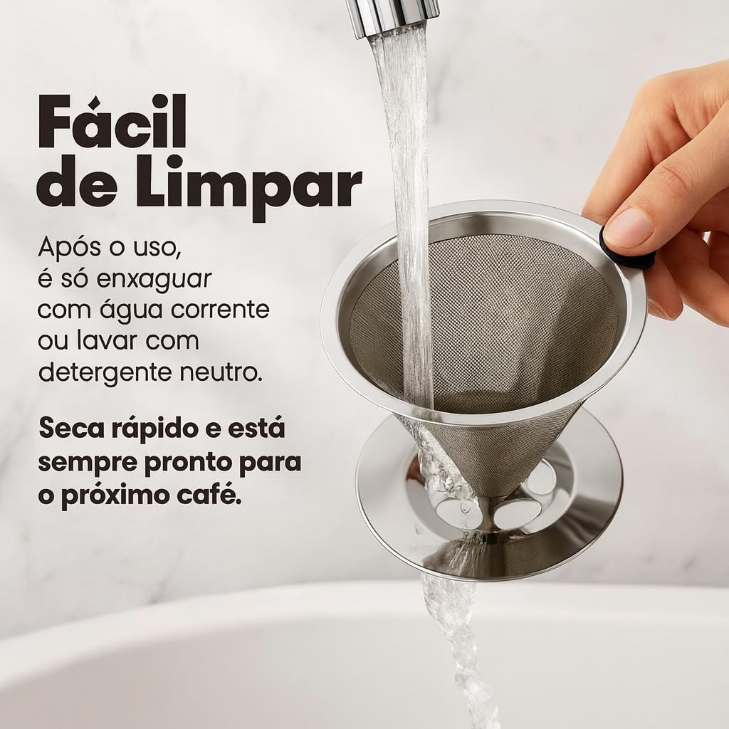 Filtro Coador de Café Reutilizável Nº 103 em Inox com Malha Dupla Premium – Ecológico, Lavável, Aroma Intenso, Compatível com Cafeteiras, Xícaras e Garrafas