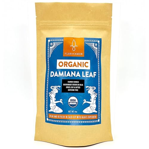 Miniatura 1 de Flor De Amor Pure Dried - Hoja de damiana orgánica certificada de 4 onzas relajante y calmante para apoyo suprarrenal cortada y tamizada sin cafeína