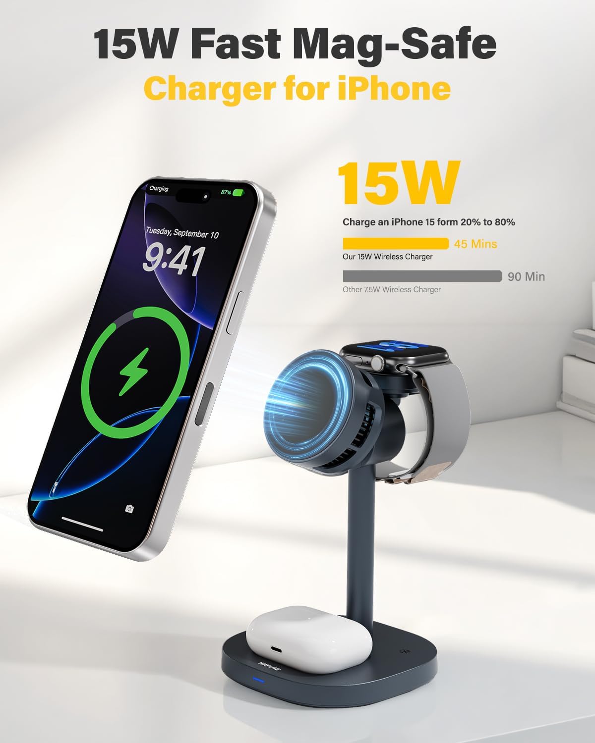 3 in 1 Wireless Charging Station for Apple MagSafe Charger Stand,15W Fast Phone and Watch Charger with TEC Cooling, Magnetic Wireless Charger for iPhone17 16 15 14 13, Apple Watch, AirPods, Gray