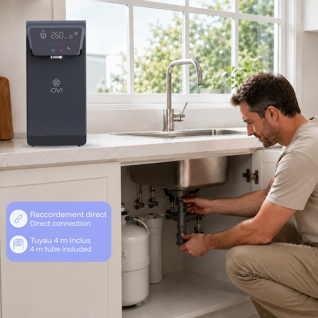 OVI II Distributeur d’Eau Chaude, Froide & Tempérée Instantané | Fontaine à Eau Filtrée 4 Étapes Anti-Bactéries & PFAS | Connexion Directe | Idéal Famille & Bébé | Noir