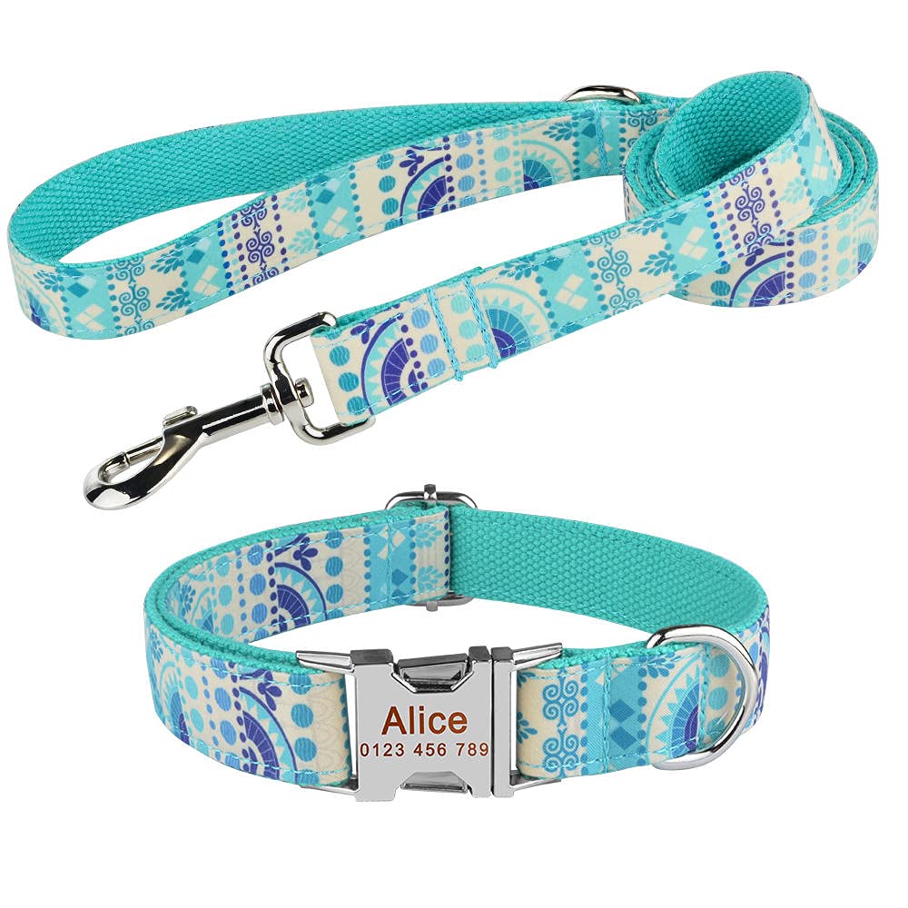 Halsband Set Hundeleine Benutzerdefinierte Hundehalsbänder Nylon Personalisierte Hundemarke Halsband Blei für kleine mittelgroße Hunde-Blue_Set_L