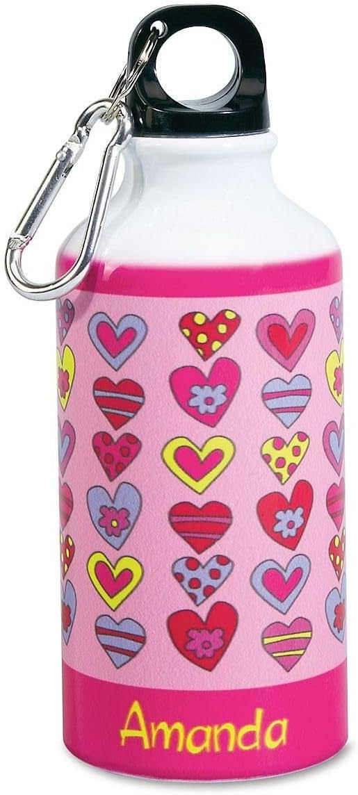 Lillian Vernon Personalized Girls Hearts Aluminum Water Bottle - 14 Ounce, Screw Top with Clip, 6" H Pink, Beach, Sports, School Lunch Box, BPA Free