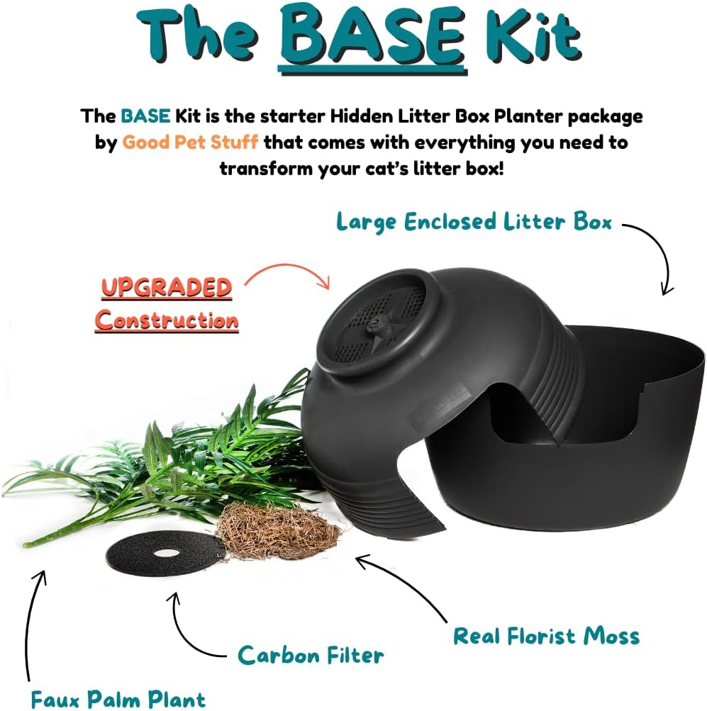 Good Pet Stuff Hidden Litter Box Planter, Decorative Cat Litter Enclosure with Carbon Filter & Faux Plant, Made in USA, Odor Control, Improved Design, NEW Round Style, Base Kit, Matte Black