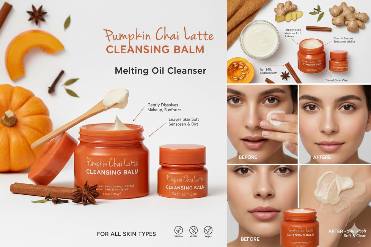 Cleansing Balm Makeup Remover + Mini Travel Size Cleansing Balm – Pumpkin Chai Latte Balm to Oil Face Cleanser 3.4 oz – Korean Double Cleanse for Waterproof Makeup, Dry Oily Sensitive Skin Face Wash