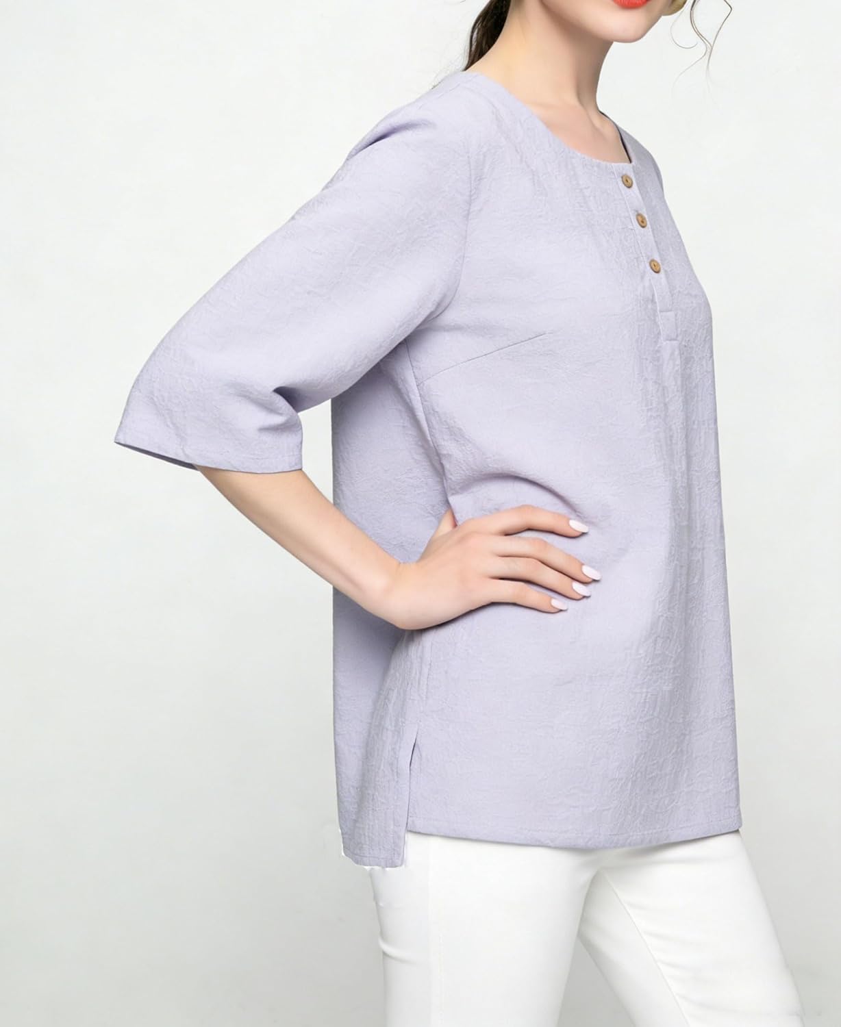 Minibee Women's 3/4 Sleeve Cotton Linen Jacquard Blouses Top T-Shirt - Image 3