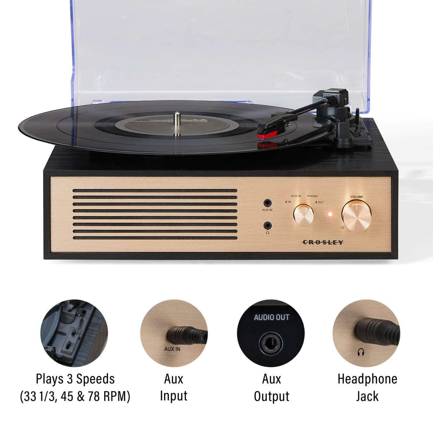 Crosley Miles - Giradischi a 3 velocità con ingresso e uscita Bluetooth, altoparlante integrato, colore: Nero