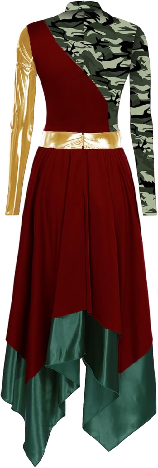 Women's Liturgical Praise Dance Dress Camouflage Print Long Sleeve Irregular Hem Maxi Dress Worship Dancewear