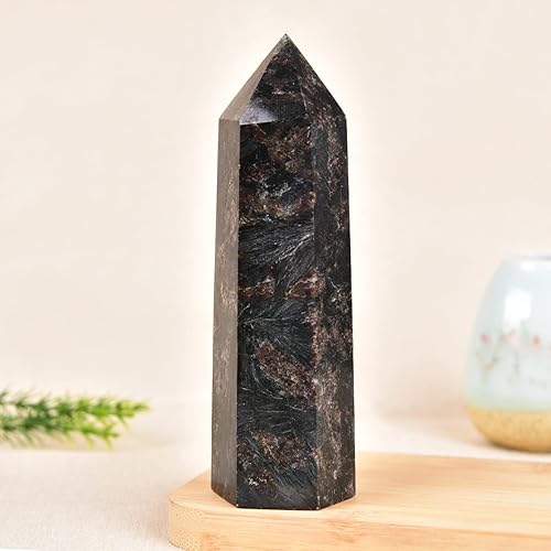Miniatura 5 de MOGEMT Torre de cristal curativo de cuarzo de astrofilita grande, piedra de fuegos artificiales negra, obelisco de 6 facetas de un solo punto,