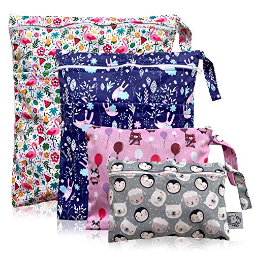 Image of FLOCK THREE 4pcs Waterproof Wet Bag Reusable for Wet Clothes Baby Diapers Stroller Swimsuit Travel Reusable toiletries Pouch Small and Larger Electronics case 4 Pack (Windy Days)