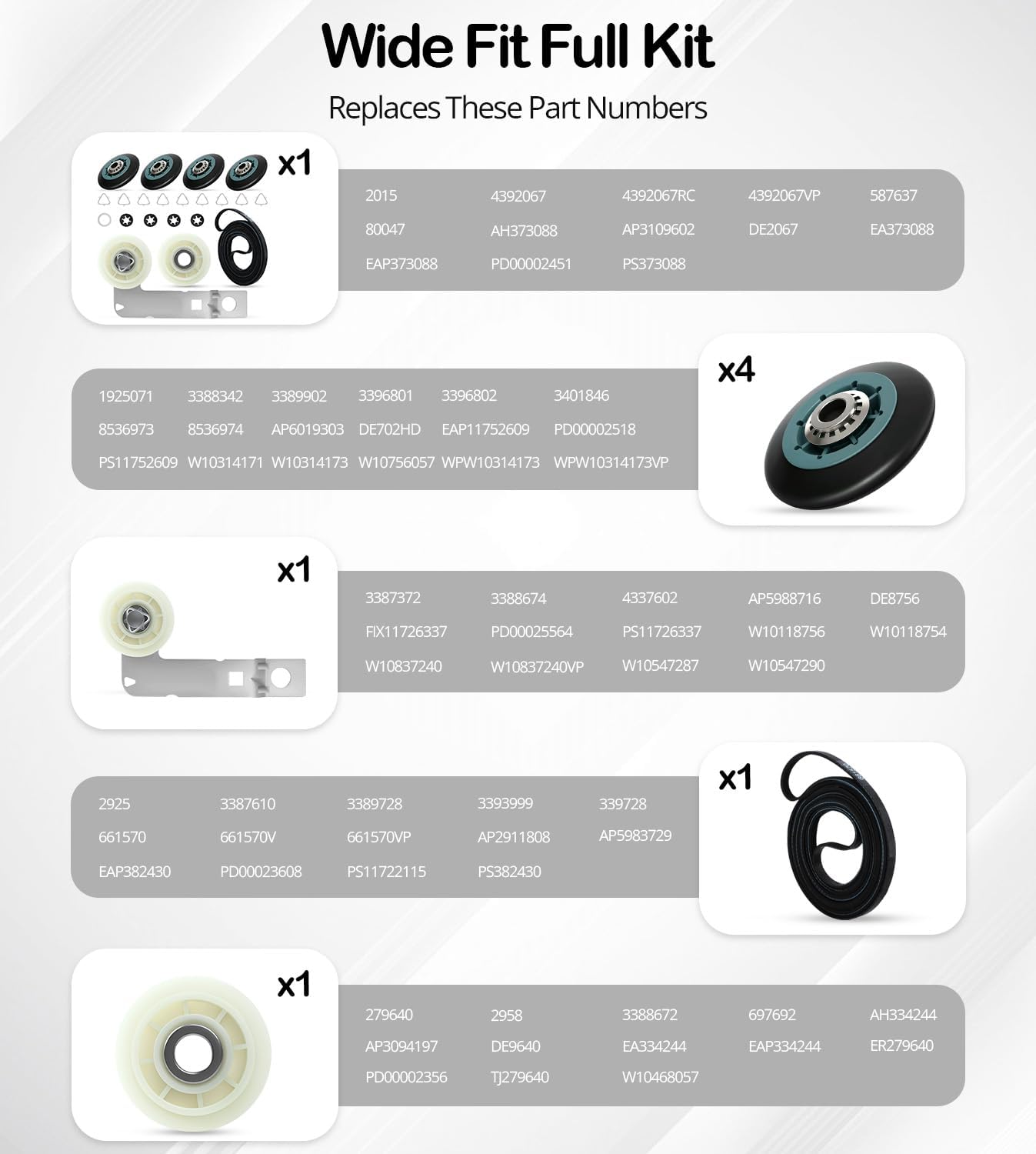 Upgraded EngPair 4392067 Dryer Repair Kit with W10837240 & 279640 Dryer Idler Pulley, WPW10314173 W10314173 Dryer Drum Roller, 661570V Belt, for Whirlpool Cabrio Duet, Kenmore Elite, and Maytag Bravos