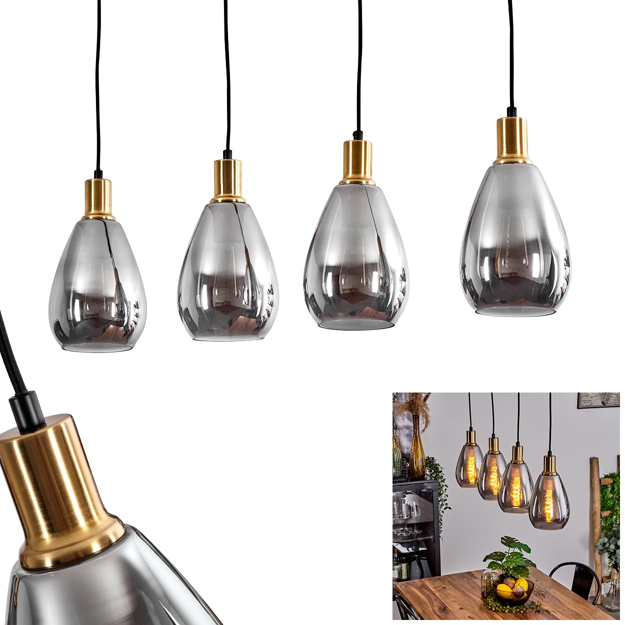 Lampa wisząca Lincura, lampa wisząca z metalu/szkła w kolorach czarnym/mosiężnym/dymnym, lampa/retro z kloszami z przydymionego szkła, 4 płomienie, wysokość maks. 119cm, E27, bez żarówek