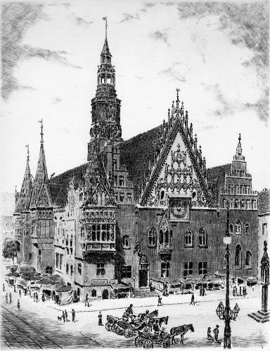 Kunstverlag Christoph Falk Single-colored hand-crafted etching Breslau, Rathaus (Germany) by Klein as plain page, graphics, art design, art print