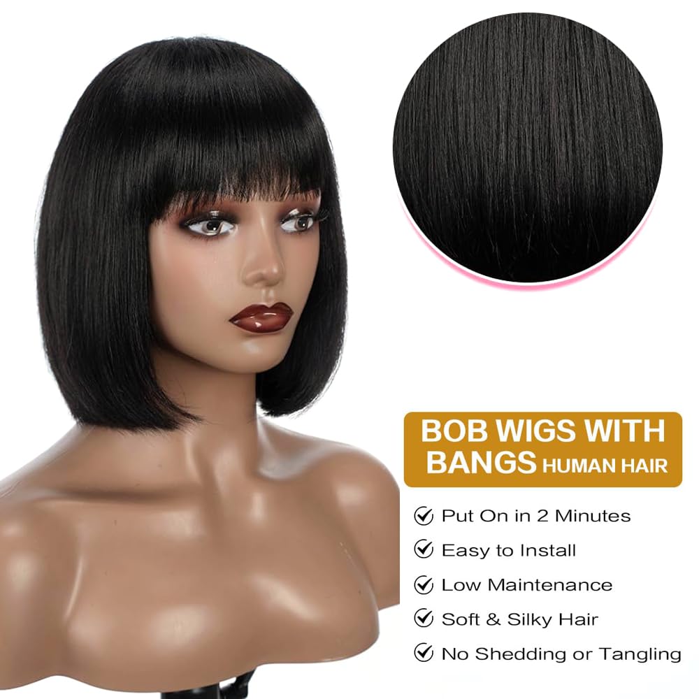 PORSMEER Short Bob Human Hair Black Wigs with with Fringe for Women Realistic Short Straight Wigs,Ready to Go Glueless Wig 100% Real Hair Brazilian Virgin Remy Hair Daily Wear 10inch - Image 3