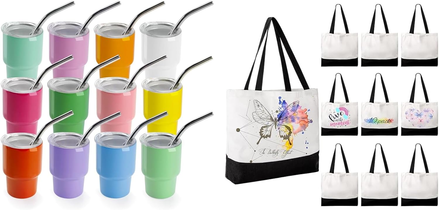 Joyclub Bundle of 3 oz Mini Tumbler Shot Glass with Straw and Lid 12 Pack Colored and 10 Pack Large Canvas Tote Bags Bulk Sublimation Blanks with Long Handle
