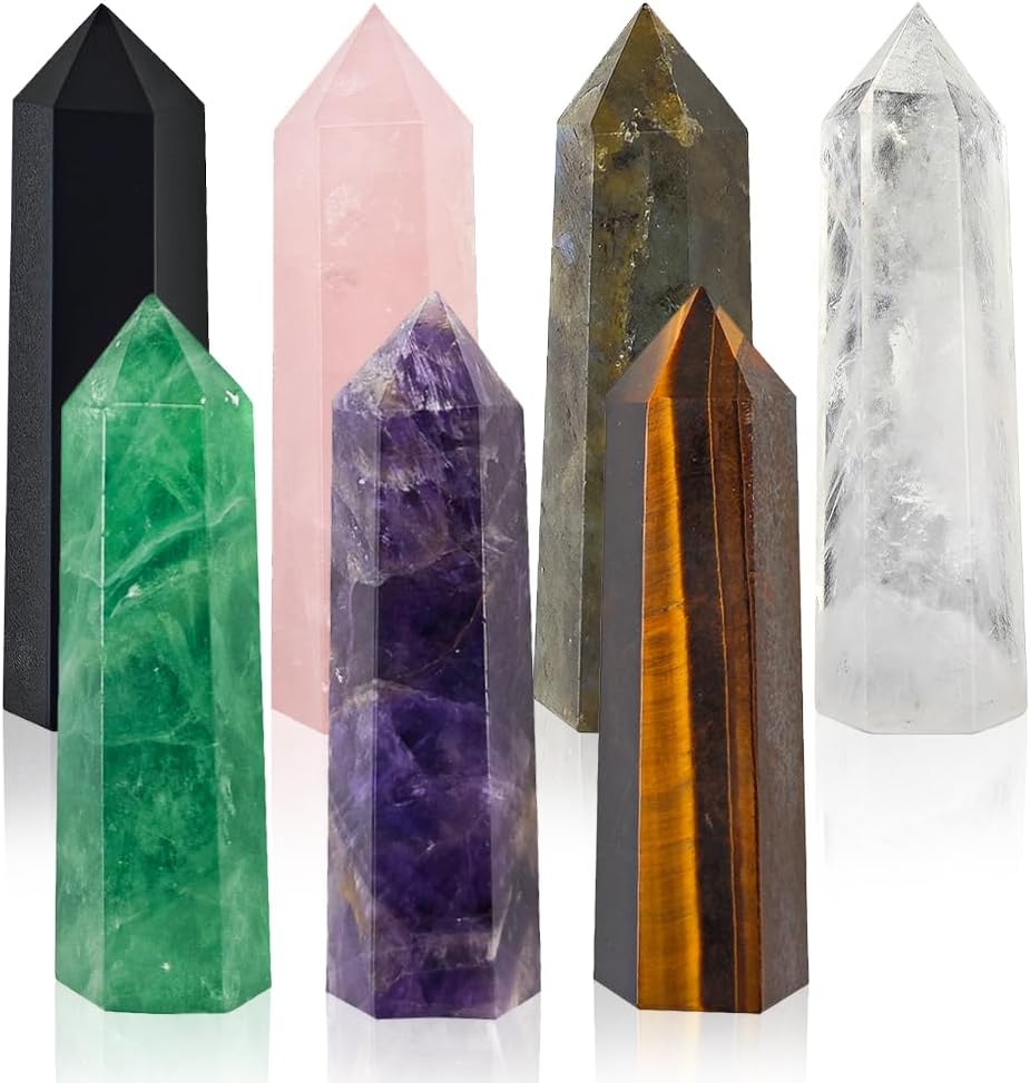 7PCS 2.2-2.6″ Natural Healing Fluorite Crystals Wands Polishing Reiki Energy Stone Hexagonal Point Obelisk Large Gemstones for Meditation Therapy Grid Gifts (2.2inch/7pcs)