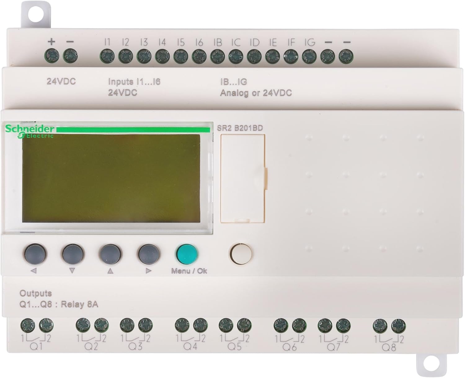 Schneider Electric Zelio SR2B201BD Logic Relay front view with input/output terminals, display, and control buttons.