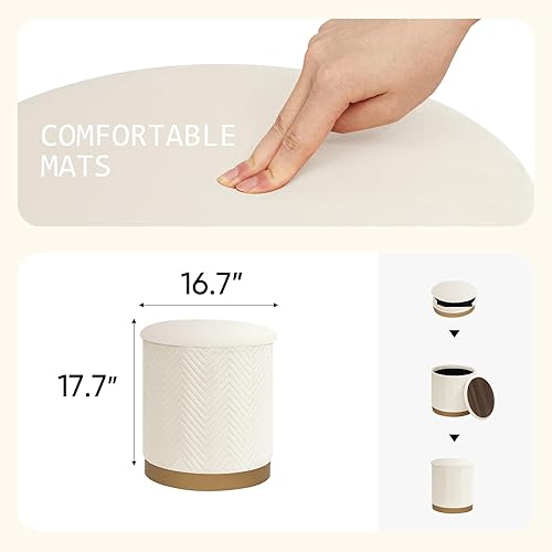 Miniatura 3 de PINPLUS Otomana otomana redonda de terciopelo con base chapada en oro y bandeja de terciopelo extraíble para sala de estar, dormitorio, blanco, 16.7
