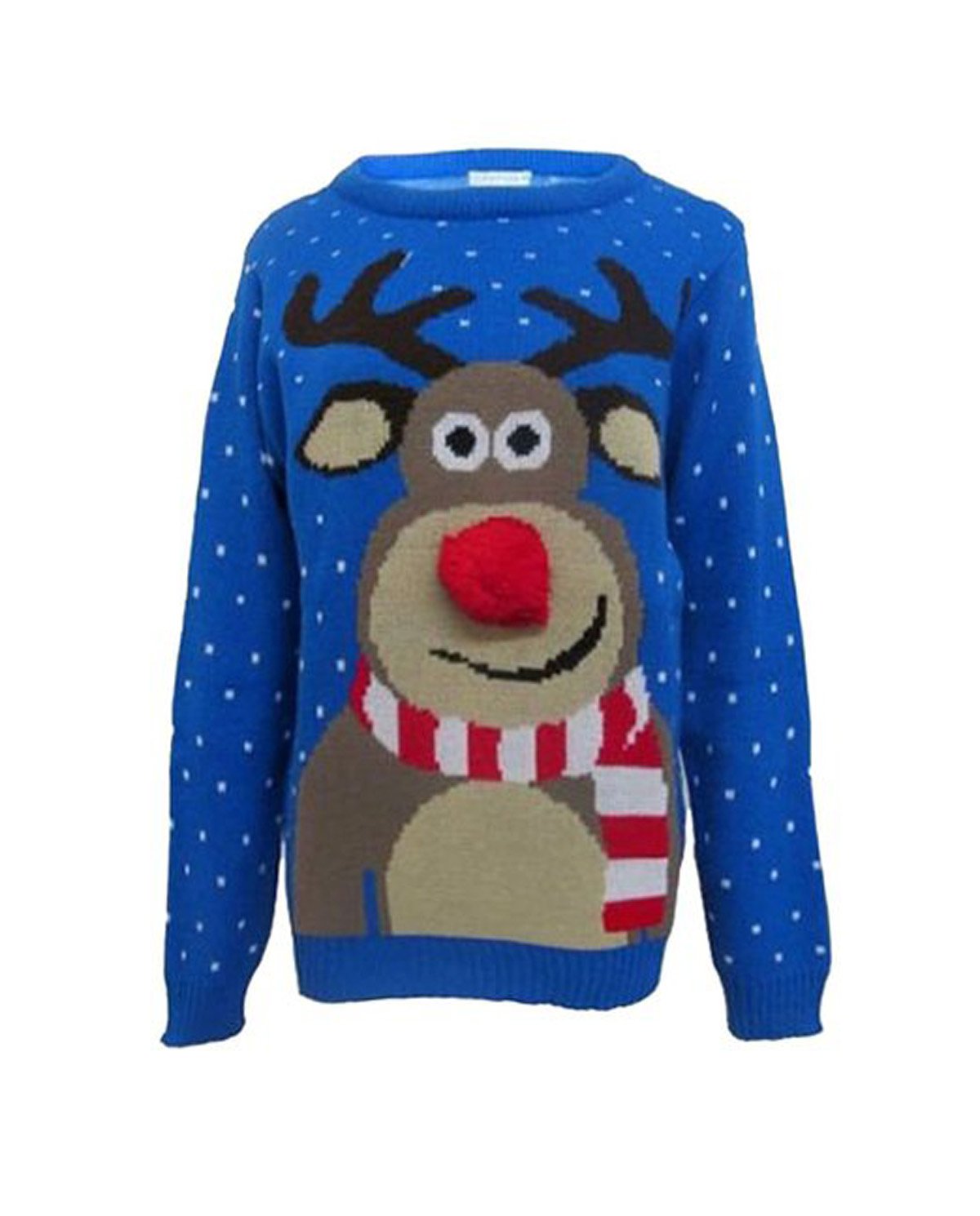GirlzWalk Unisex Girls Boys Rudolph Knitted Pom Pom Xmas Jumper Blue 7-8