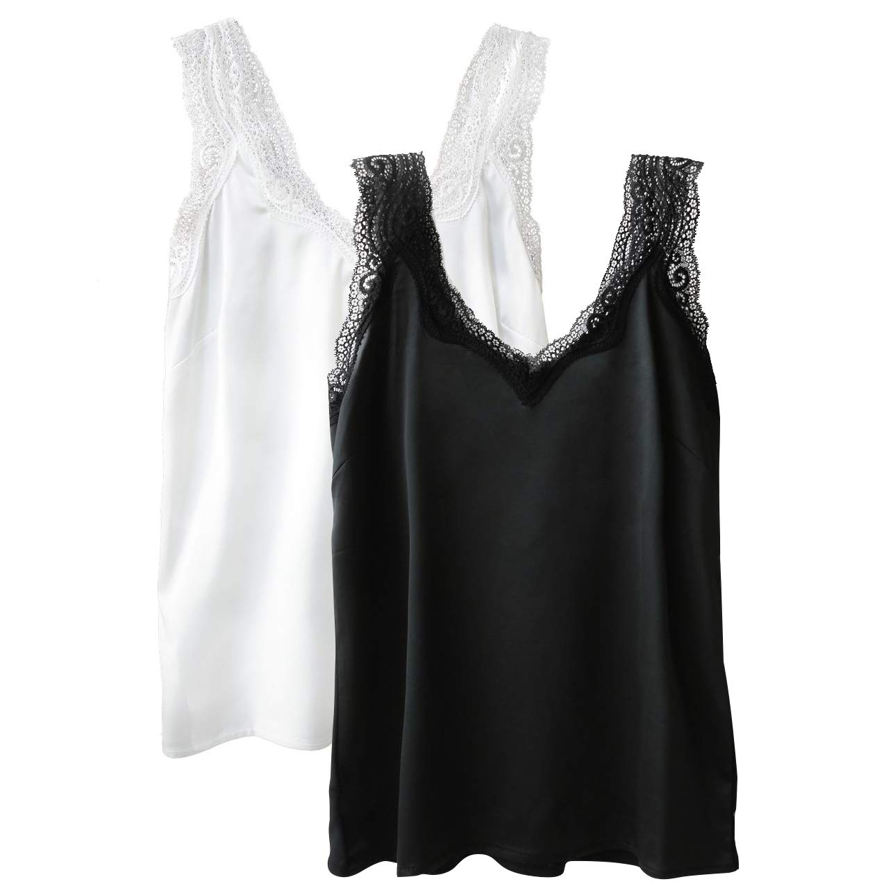 Wantschun Womens Satin Silk Camisole Lace Straps Tank Top Cami V-Neck Pack of 2: Black+White,XX-Large