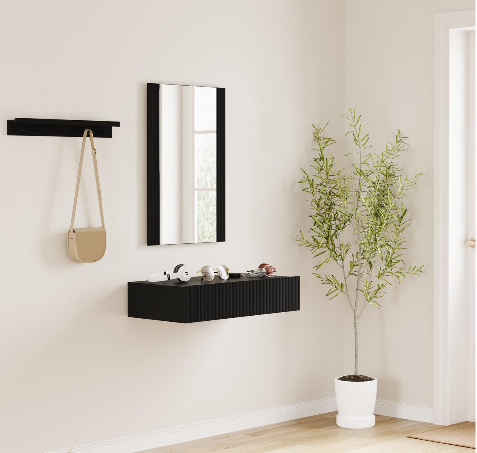 MB Muebles Bonitos, Recibidor Colgante con Espejo Amira, Mueble de Entrada con Cajón y Diseño Acanalado, Melamina y PVC, Color Negro, Ideal para Entradas y Pasillos