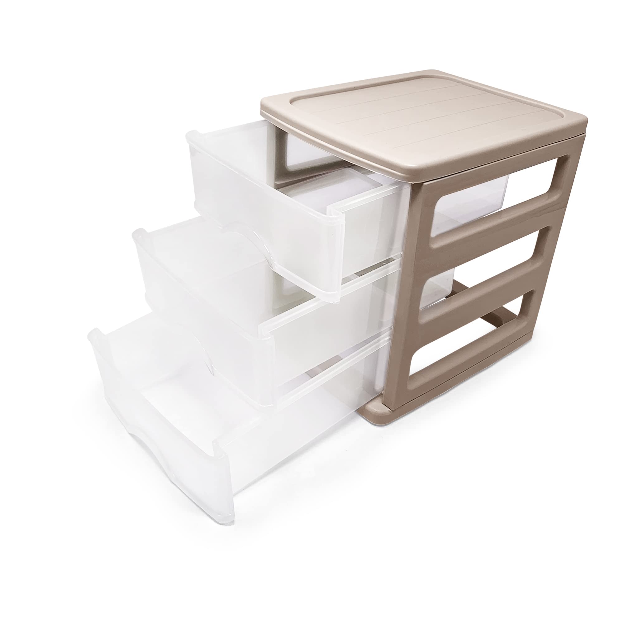 Plastic Desktop Storage Unit with Drawers, Stationary Arts Drawer Desktop Tabletop Organiser Storage Tower Unit for Office Bedroom Garage ((17 x 13.5 x 17cm, Taupe with 3 Clear Drawers)) — view 4