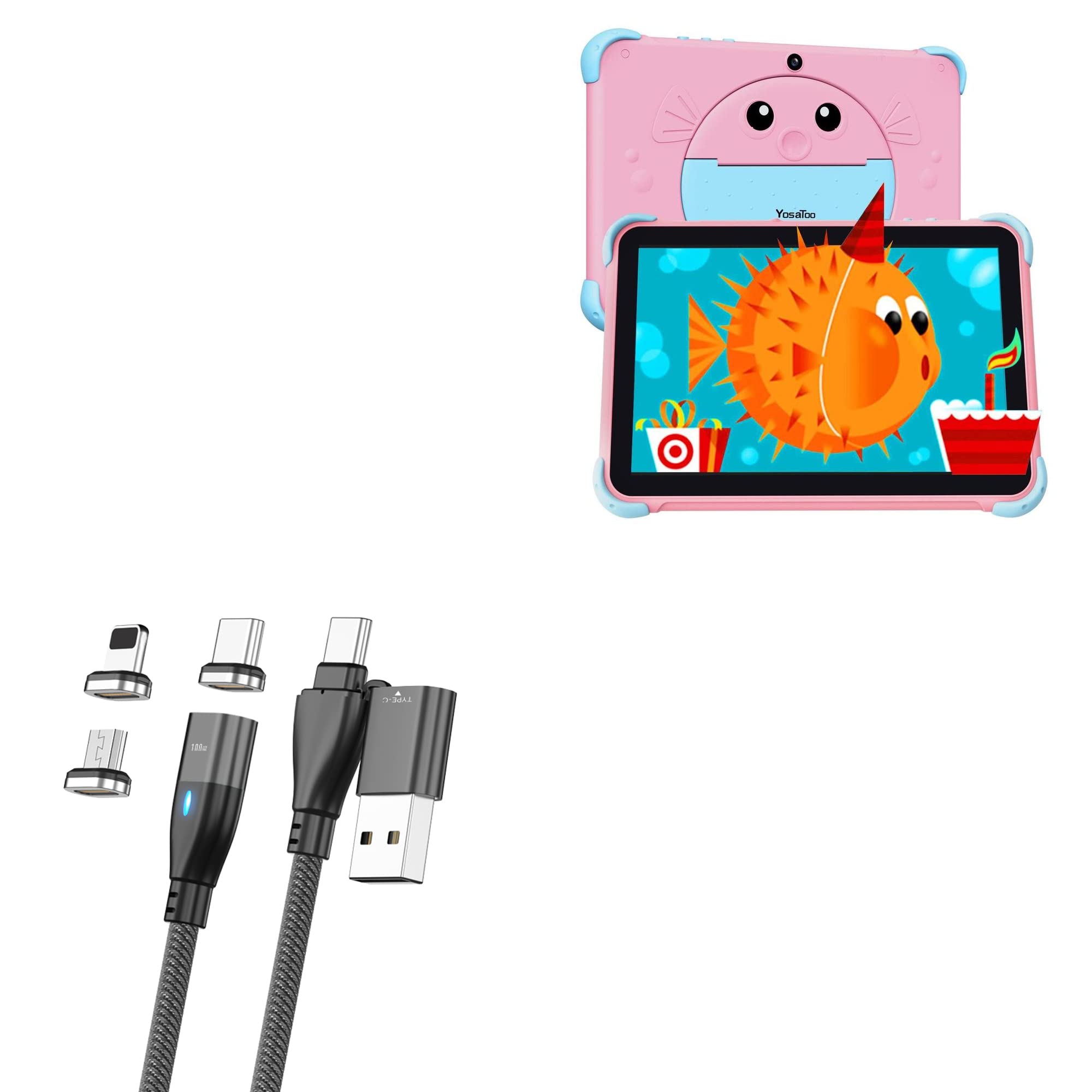BoxWaveCable Compatible with YosaToo Android Tablet for Kids Y101 (10 in) - MagnetoSnap PD AllCharge Cable (100W), Magnet PD 100W Charging Cable USB Type-C Micro USB - Jet Black