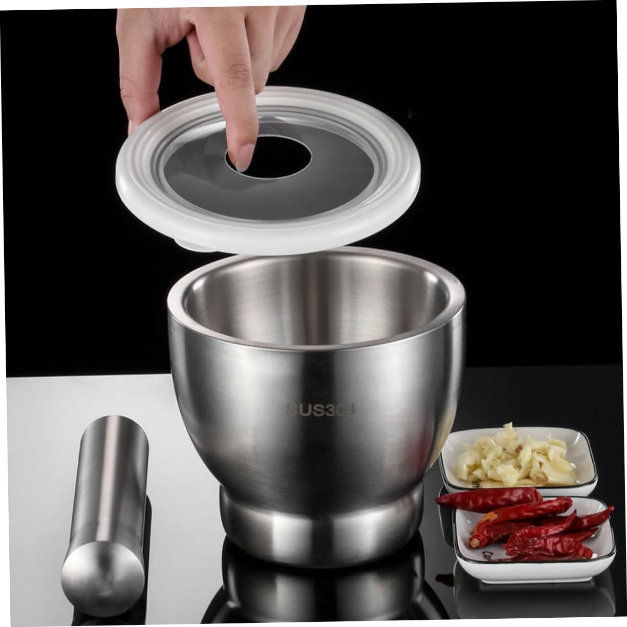 1 Set &Amp; Stößel Knoblauchmühlen Küchengeschirr Stößel Und Schüssel Mit Deckel Und Große Mahlschüssel Aus Edelstahl Metall Und schüssel Chilipulver Pürierwerkzeug