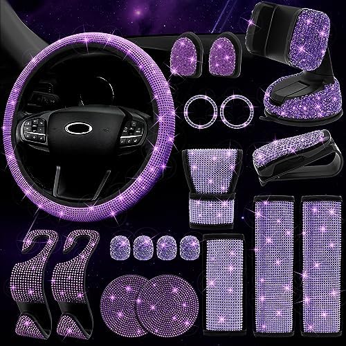 19pcs Purple Bling Car Accessories, Bling Steering Wheel Cover for Women, Bling Rhinestone Car Phone Holder, Bling Hooks, Bling Car Cup Coasters, Rings, Crystal Valve Stem Caps(Purple)