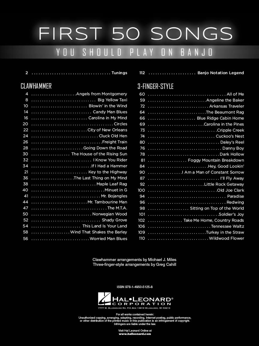 First 50 Songs You Should Play on Banjo | Recueil de Chansons et Partitions Banjo 5 Cordes Débutant Avancé | Folk Rock Country Tablature | Take Me Home Country Roads Blowin' in the Wind Cripple Creek