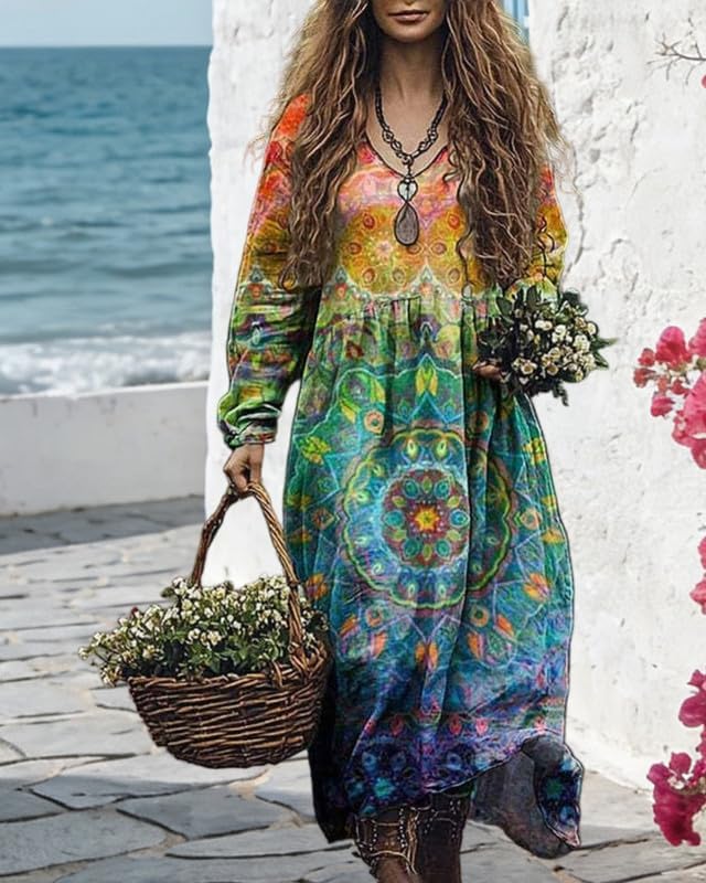 Womens Boho Floral Long Sleeve Maxi Dresses Vintage Casual Cotton Linen Oversized Flowy Tunic Dress - Image 2