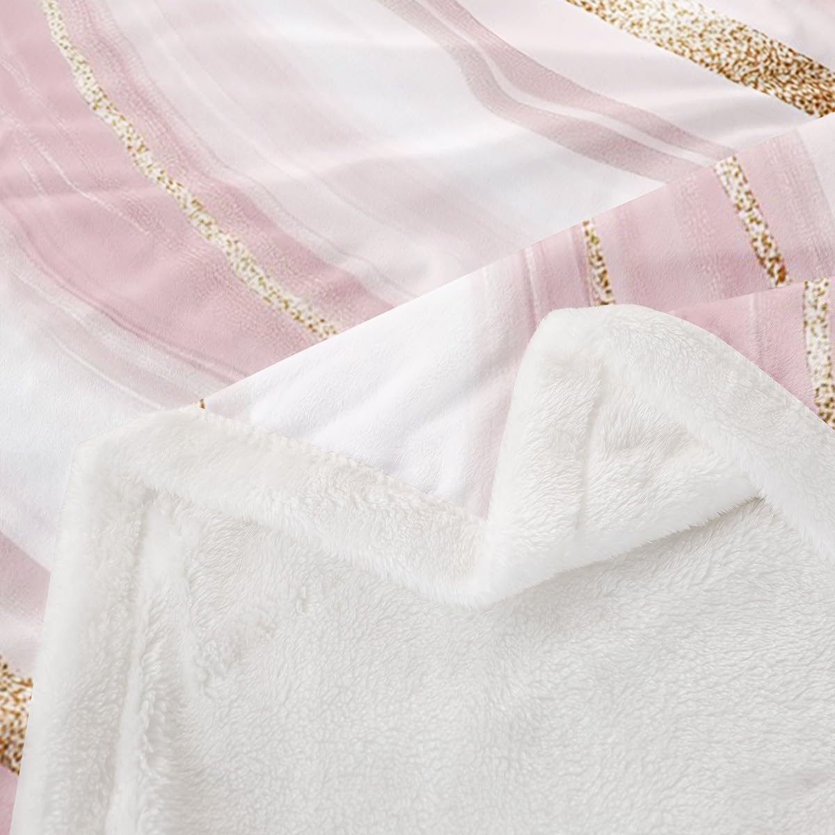 Marble Plush Bed Blanket,Bronzing Glitter Throw Blanket Queen Size For Kids Girls Teen Adult Women,Gold Pink Stone Grain Sherpa Blanket Abstract Geometric Stripes Flannel Fleece Blanket For Bed Couch