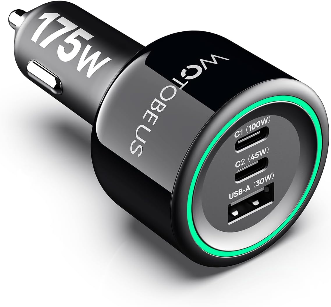 175W 3-Ports USB C Car Charger with Color-Changing LED Indicator, PD3.0 100W 65W PPS45W Fast Charging, Compatible with iPhone 17 16 15 Galaxy S25 S24, Pixel, MacBook, iPad & Type-C Laptops