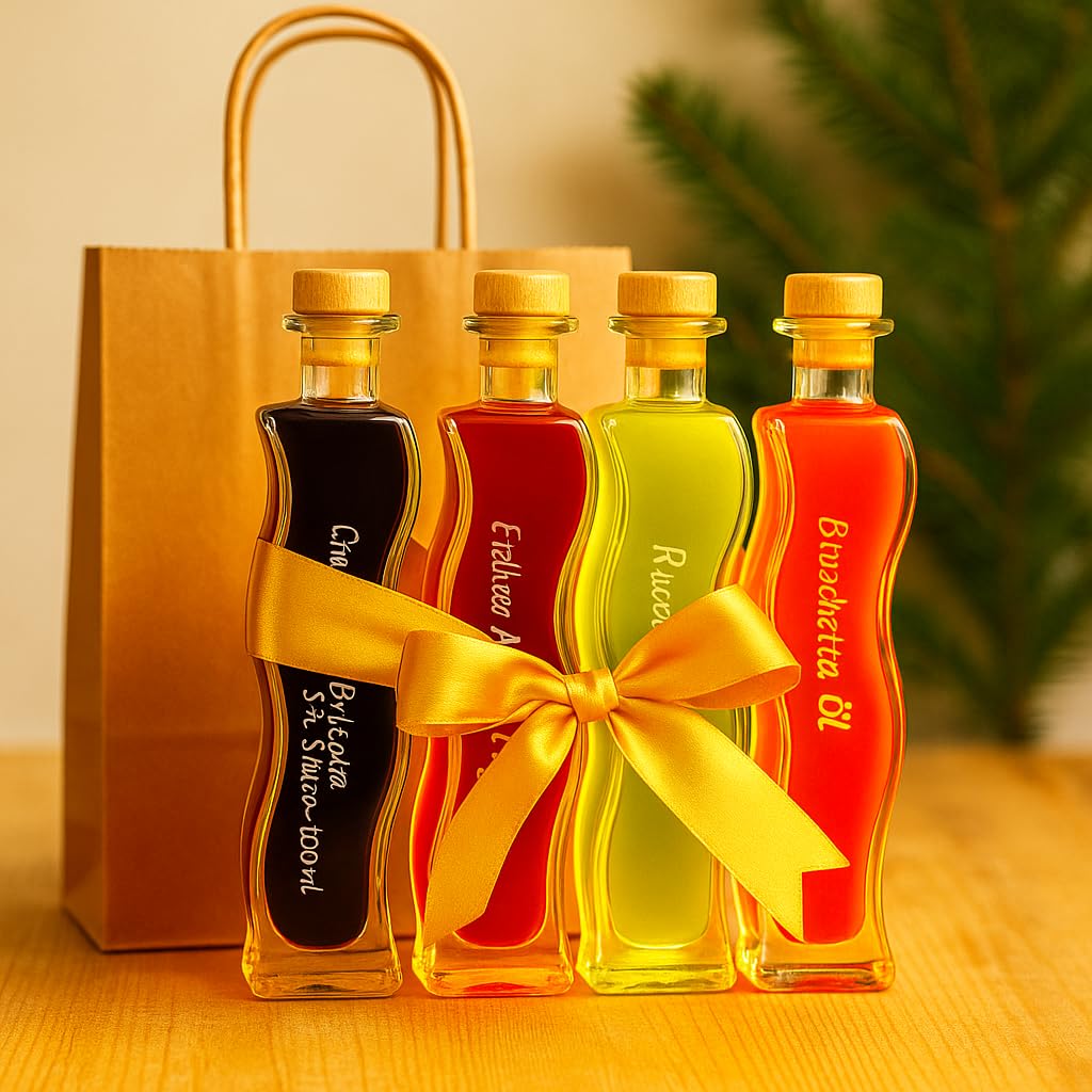 Feinkost Essig & Öl Set – 4er [4x100ml] Geschenkset mit Cranberry Balsam, Erdbeer Aperitif, Rucola Öl & Bruschetta Öl – Edle Gourmet Flaschen für Salate, Antipasti & Küche – Geschenkidee für Genießer