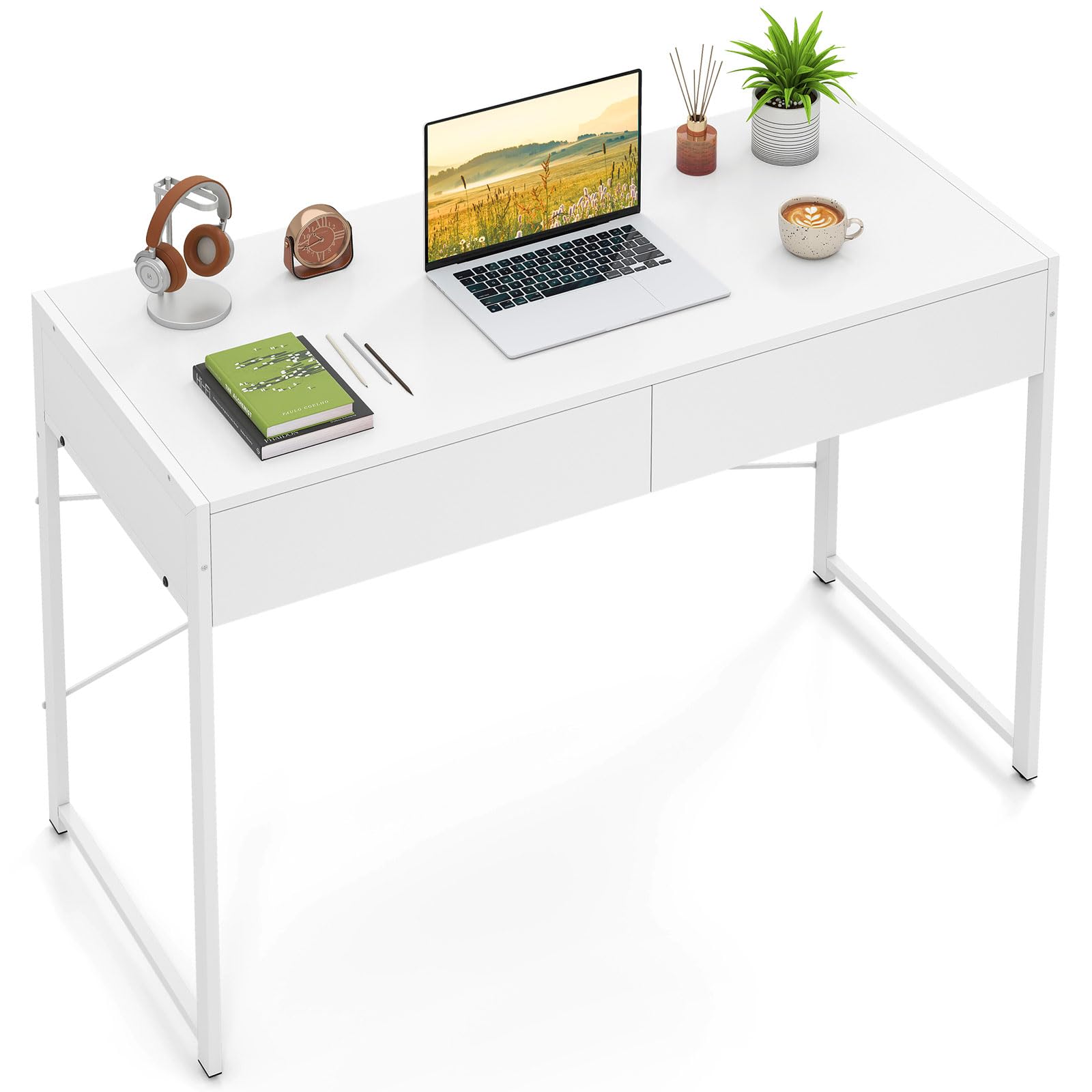 COSTWAY Scrivania per Computer con 2 Cassetti, Scrivania Porta PC con Telaio in Metallo e Legno, Posizione da Lavoro per Studio e Ufficio, Portata 100 kg, 112 x 48 x 76 cm (Bianco)