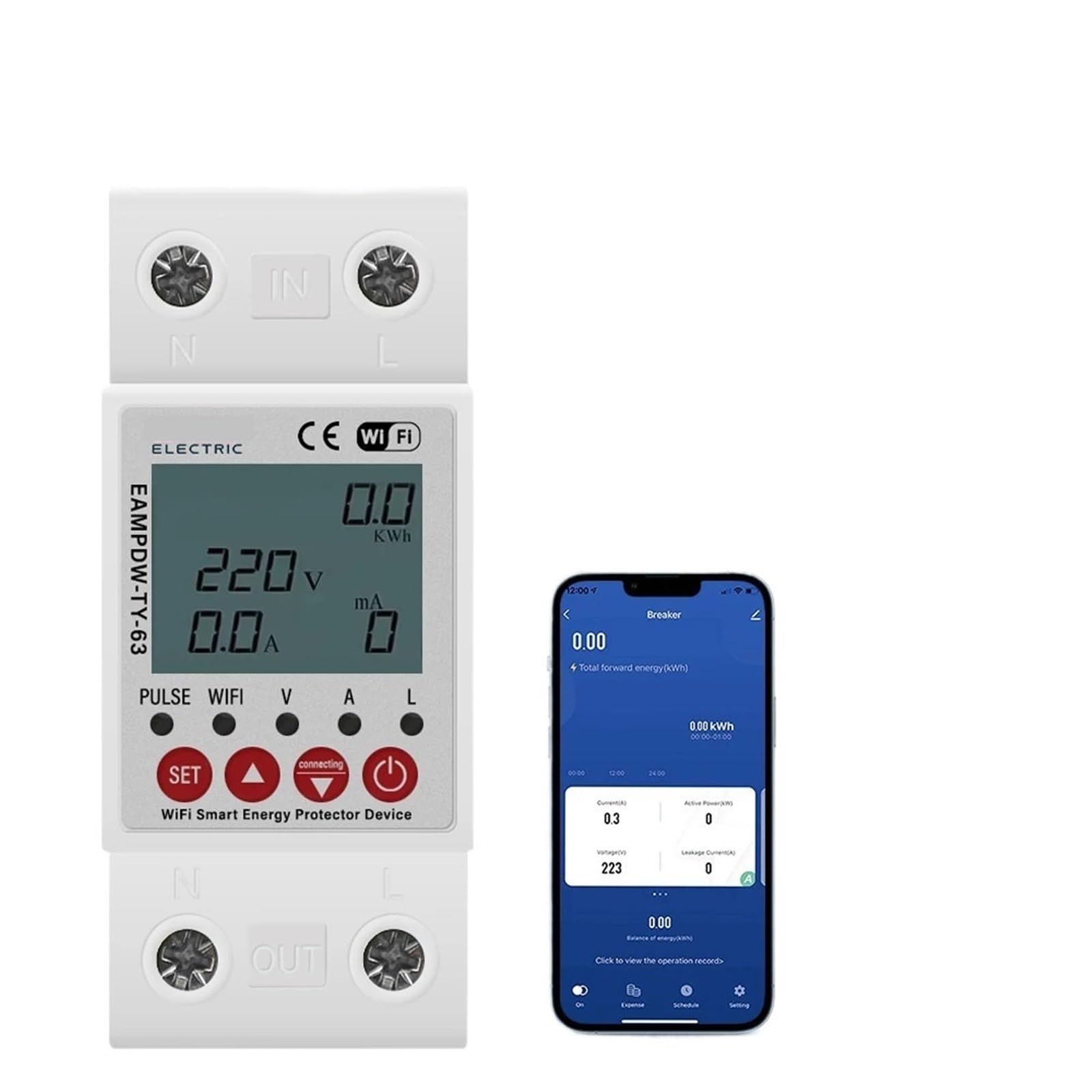 Disjoncteur WiFi 2P 63A Tuya avec compteur d'énergie et protection différentielle intégrée