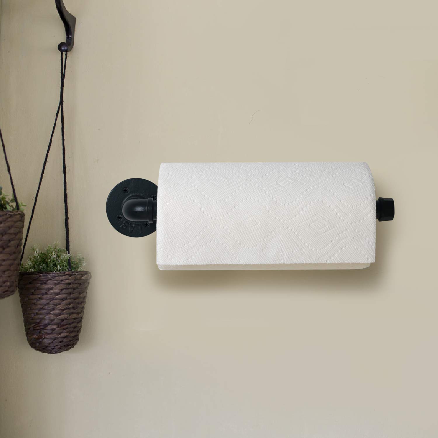 HouseAid Przemysłowy uchwyt na ręczniki papierowe do kuchni, styl vintage wytrzymały DIY rustykalny wieszak na ręczniki papierowe, uchwyt ścienny, czarny matowy